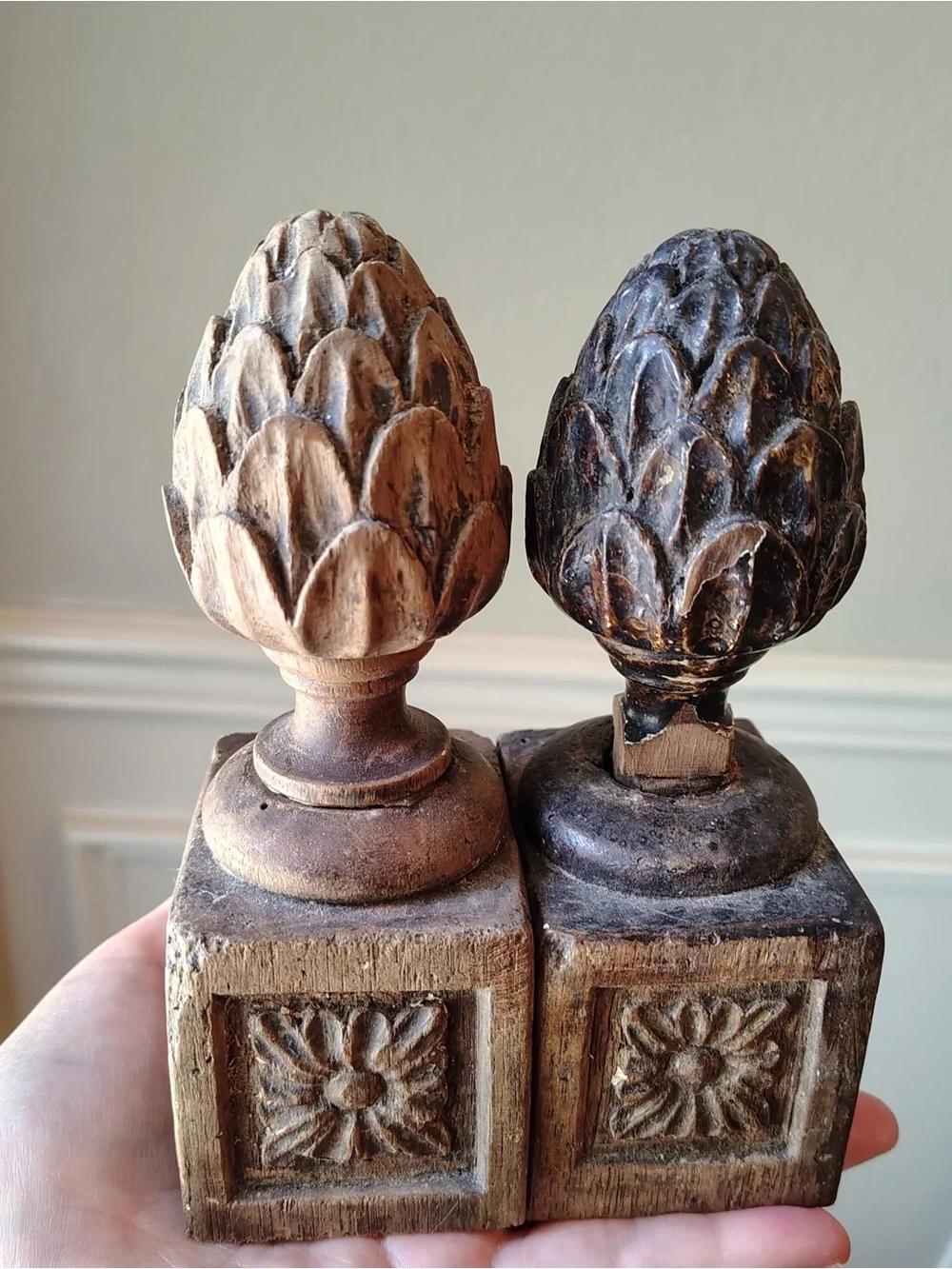 Antique Wood Staircase Finials Pair Carved Artichoke Newel Post Caps Salvage
